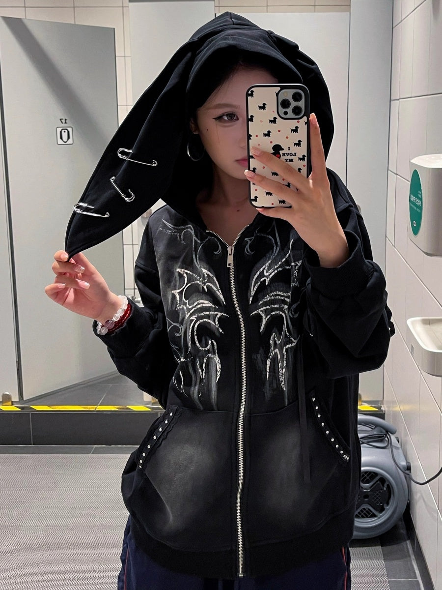 Printed Rabbit Ear Hooded Jacket VI2011