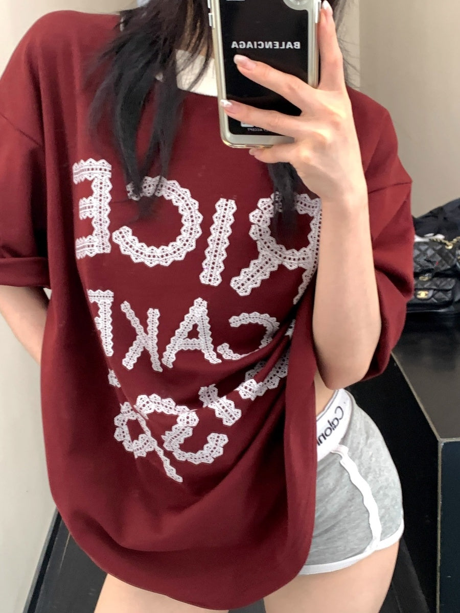 Lace Letter Loose Ringer T-shirt OS2001