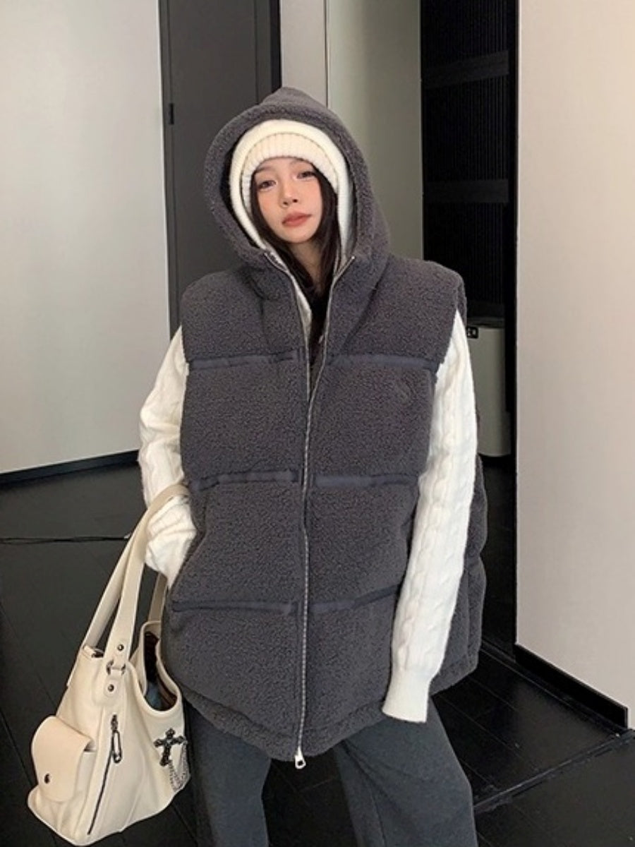 Loose Hooded Boa Padded Vest OS2073