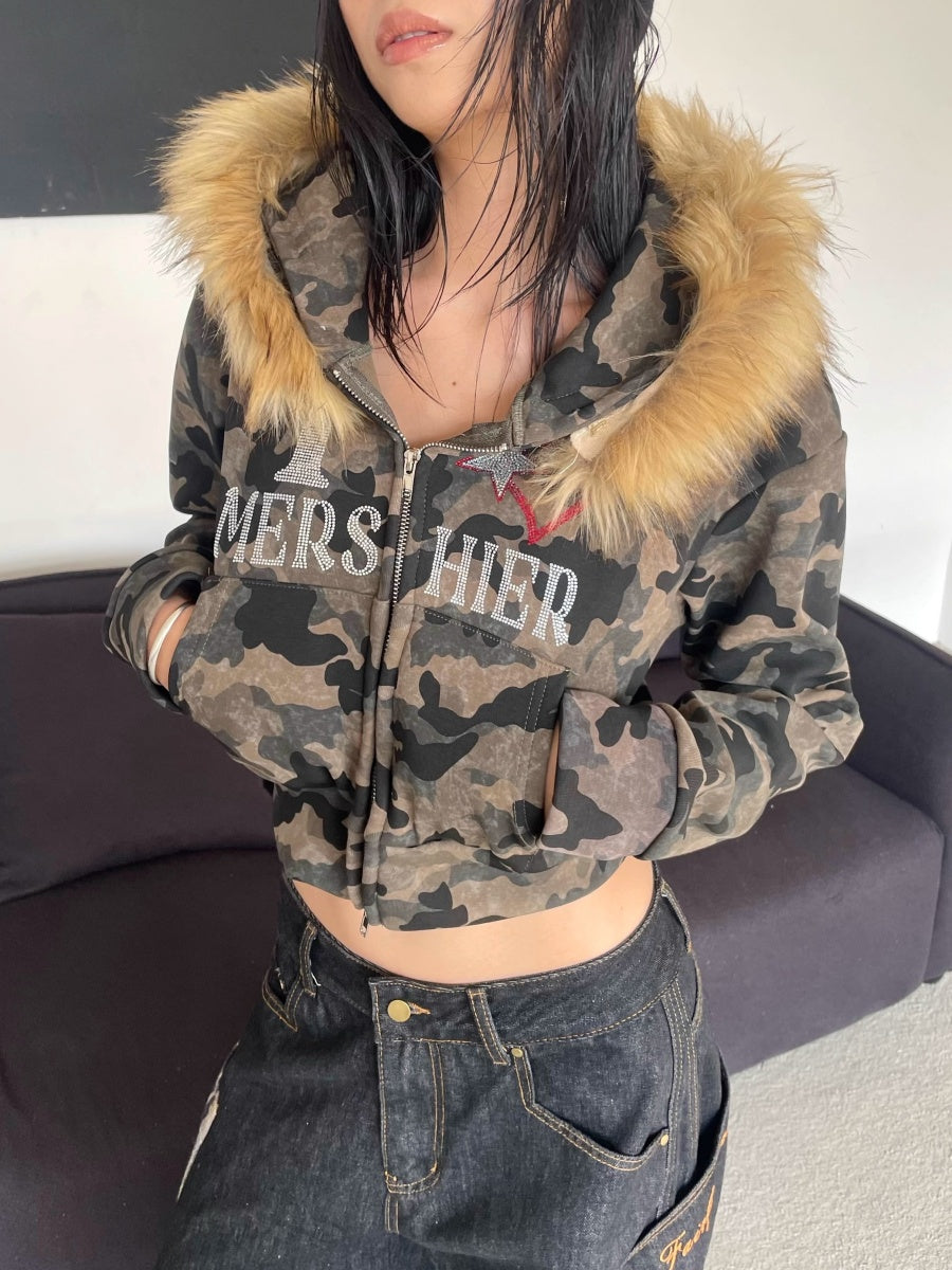 Fur Collar Camouflage Rhinestone Cropped Hoodie Parka MW10302