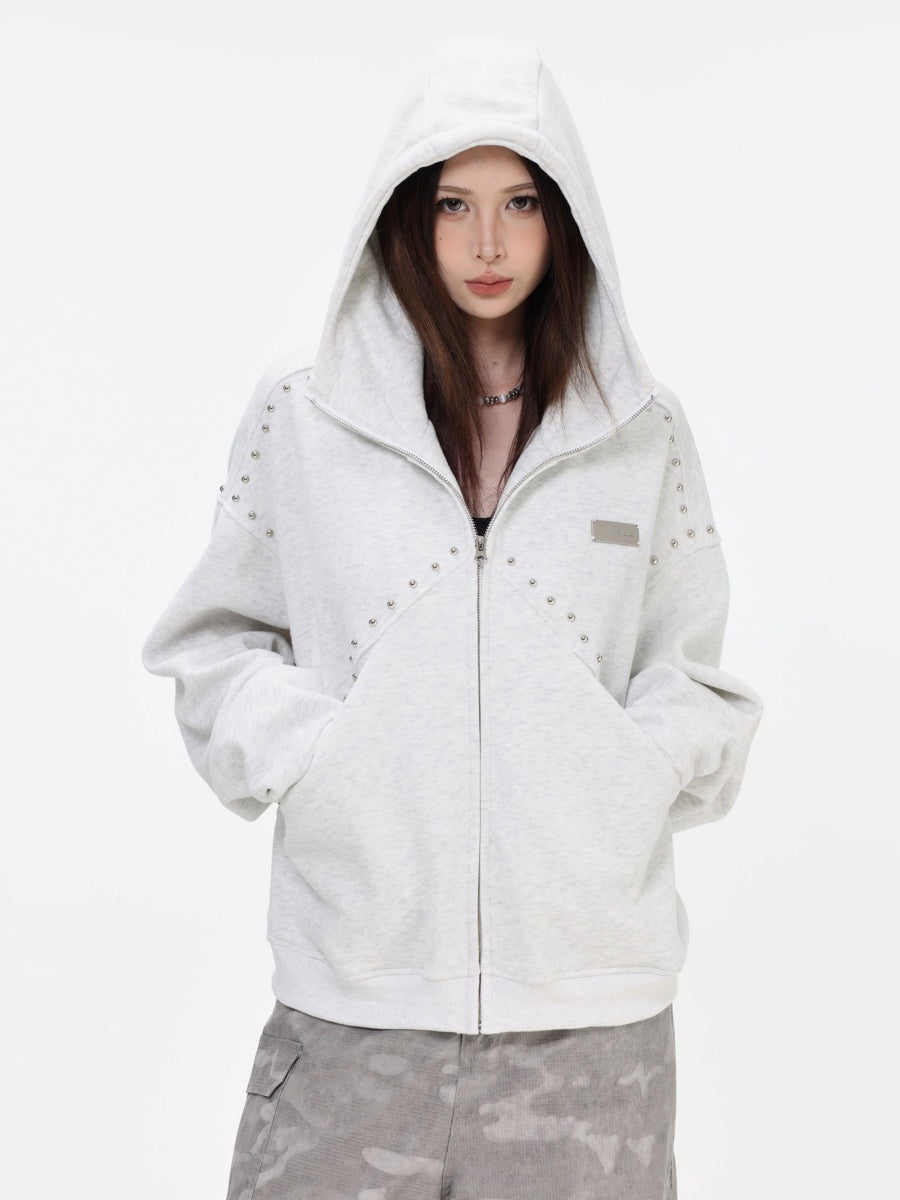 Stitched Rivet Zipper Hooded Jacket IN7016