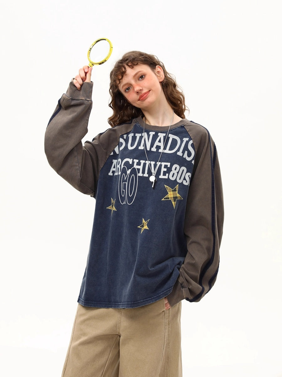 Retro Washed  Raglan Long Sleeve Print T-shirt MW10250