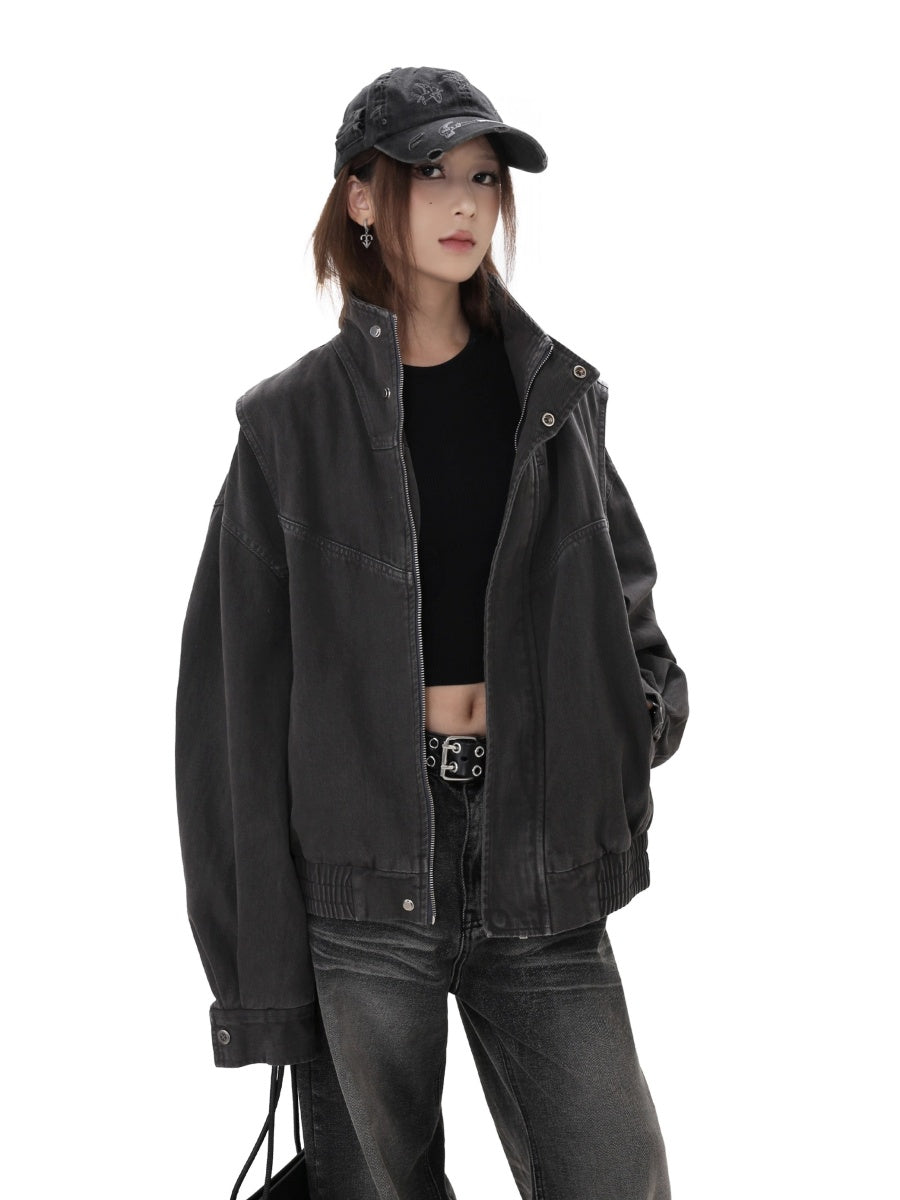 Washed Stand Collar Loose Denim Jacket GB7039