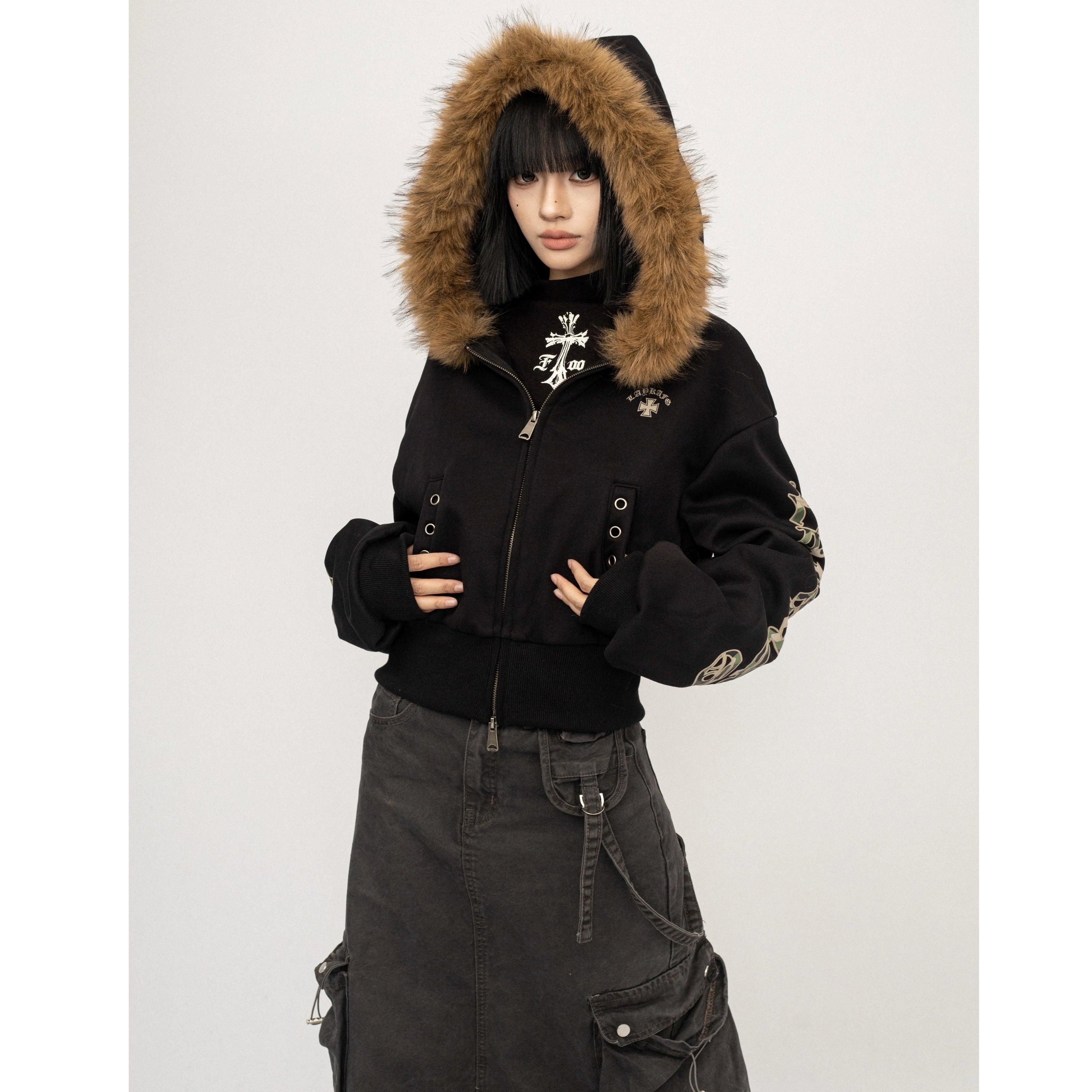 ジャケット・アウター tweed fur  jacket&pocket fur Fur Collar Hooded Short Sweat Jacket MW10291