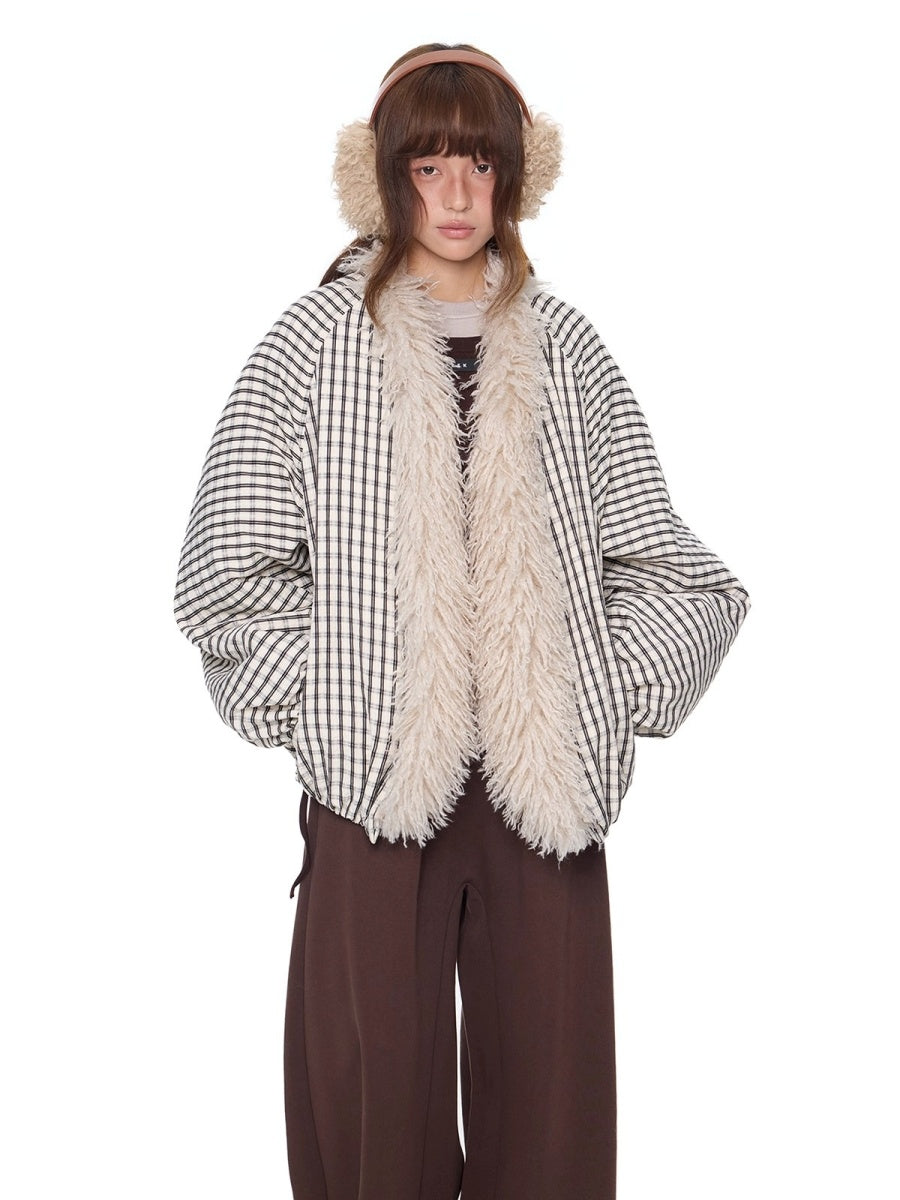 Plaid Fur No-Collar Padded Jacket EZ292