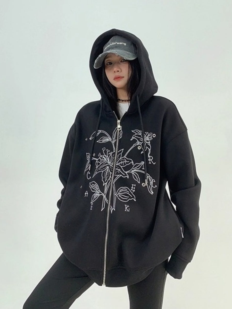 Flower Embroidered Loose Hooded Jacket OS2050