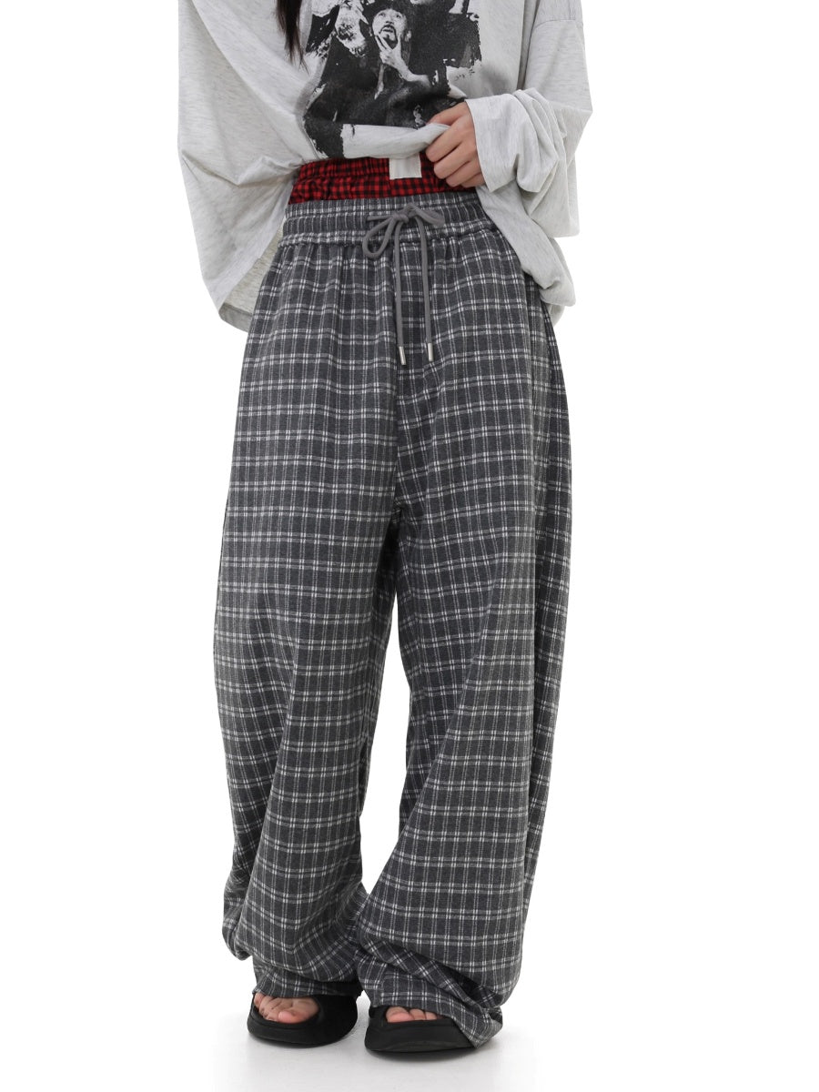 Elastic Waist Plaid Wide-leg Pants GB7038