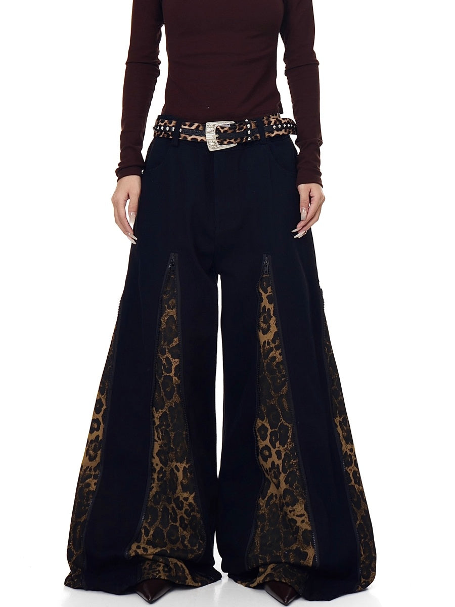 Zipper Stitch Leopard Patchwork Flare Jeans BK7019