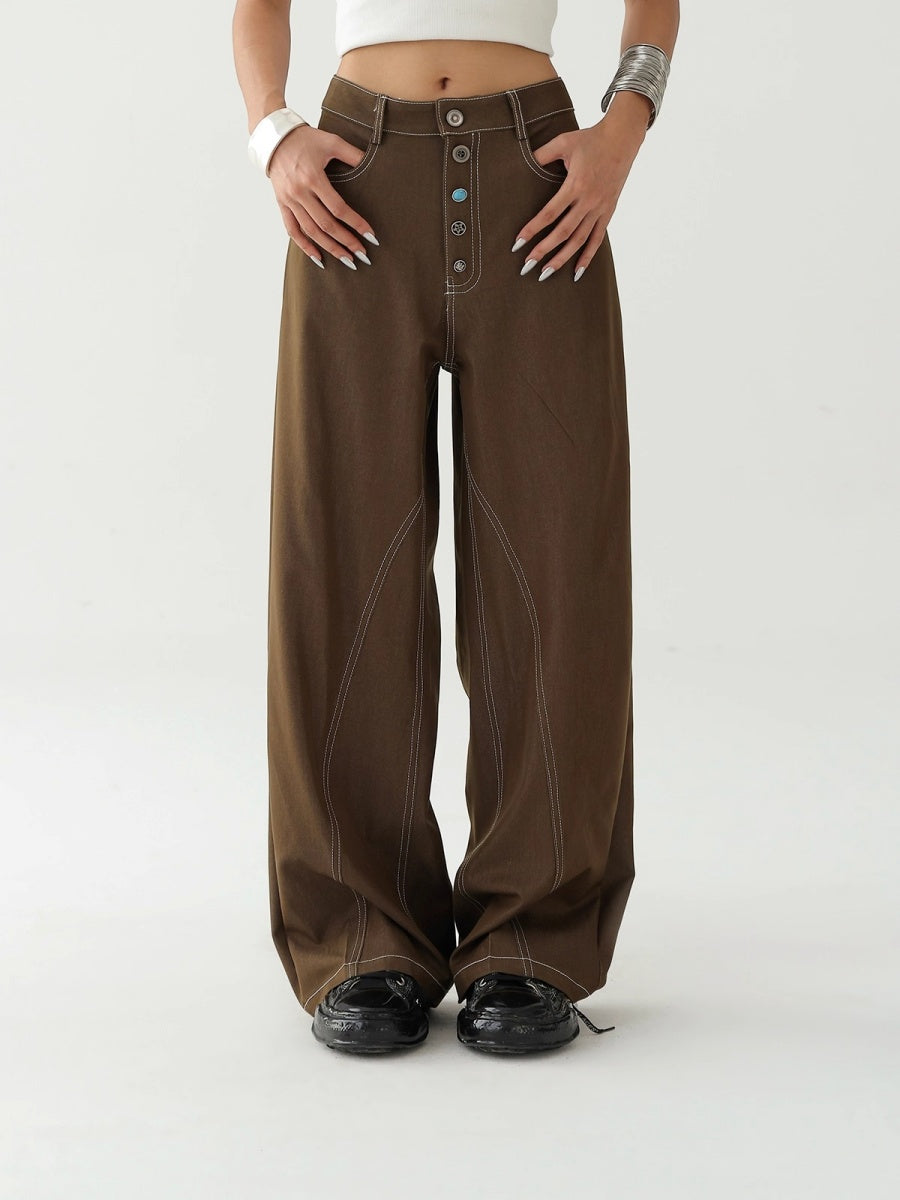 Button  Wide-leg Stitch Pants AC7130