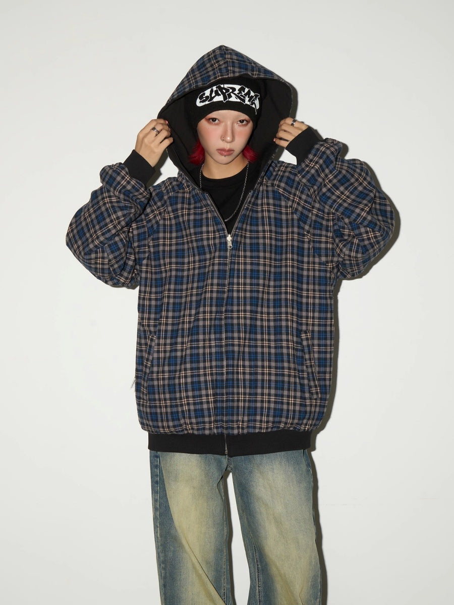 Reversible Plaid Hooded Sweat Jacket MN9040