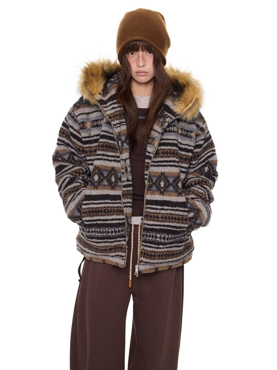Ethnic Pattern Fur Collar Hooded Jacket EZ280