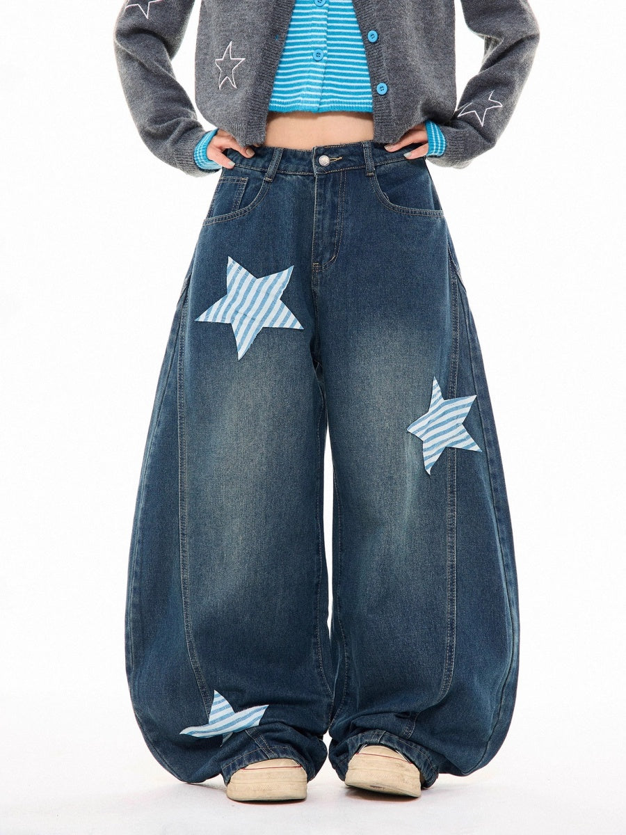 Washed Star Patch Embroidered Scimitar Jeans MW10284