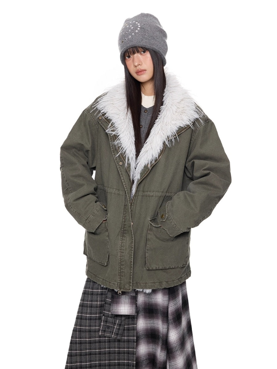 Hairy Stand Collar Washed Work Jacket EZ282