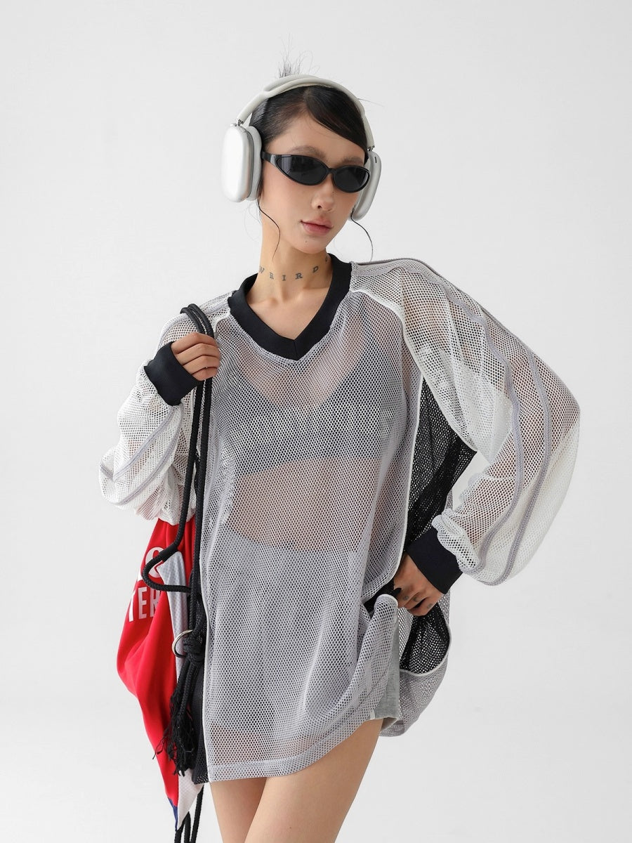 V-Neck Contrast Loose Mesh Long Sleeve T-Shirt AC7116