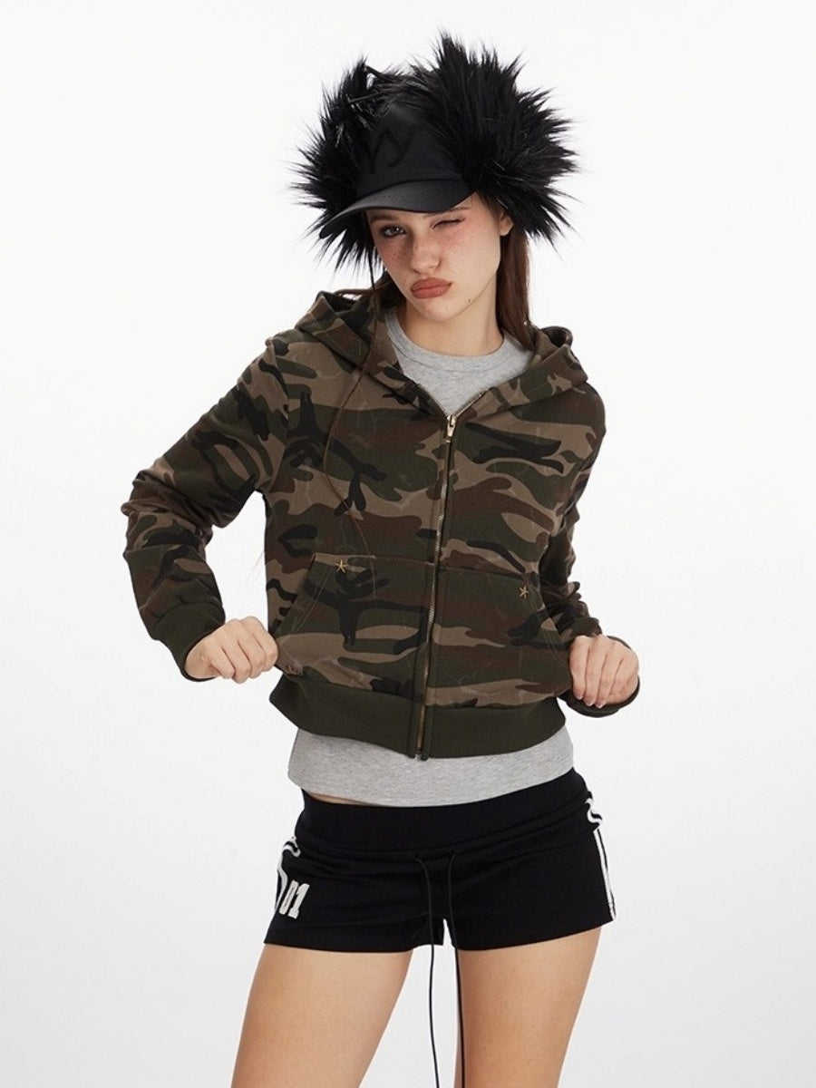Camouflage Cropped Hooded Sweat Parka MW10292