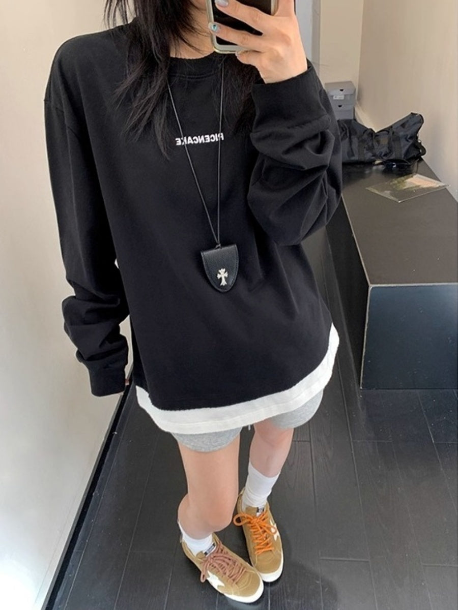 Embroidery Fake Two Pieces Long-sleeved T-shirt OS2019