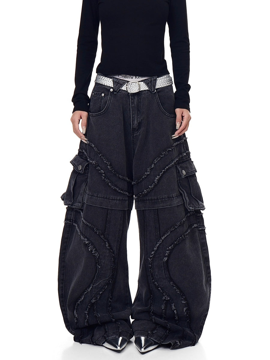 Raw Edge Switching Cargo Curve Jeans BK7027
