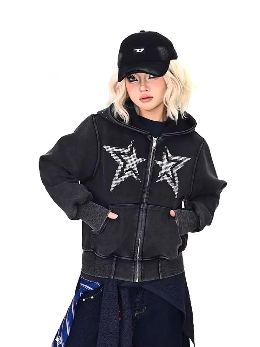 Rhinestone Star Decoration Hooded Parka MW10387