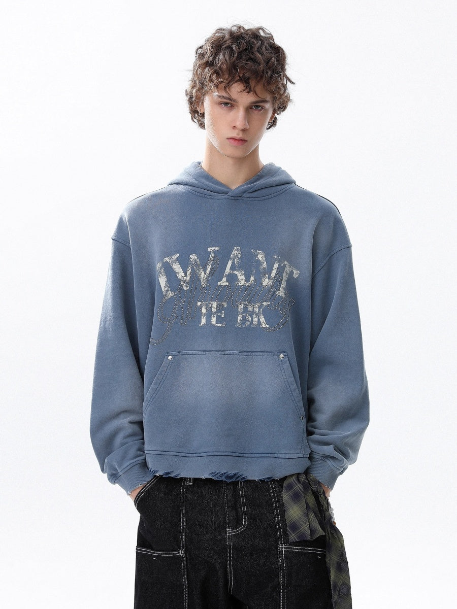 RhineStone Letter Print Damage Hoodie MR8025
