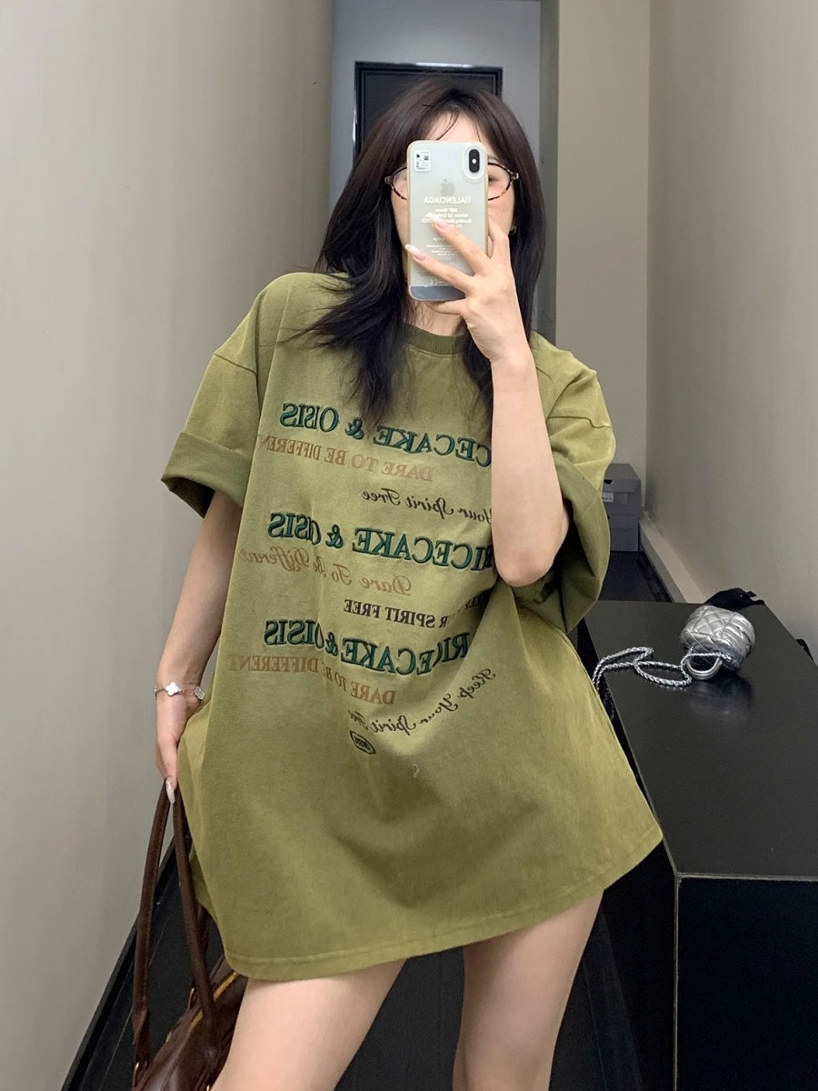 Old Letter Embroidery Loose Washed T-shirt OS2010