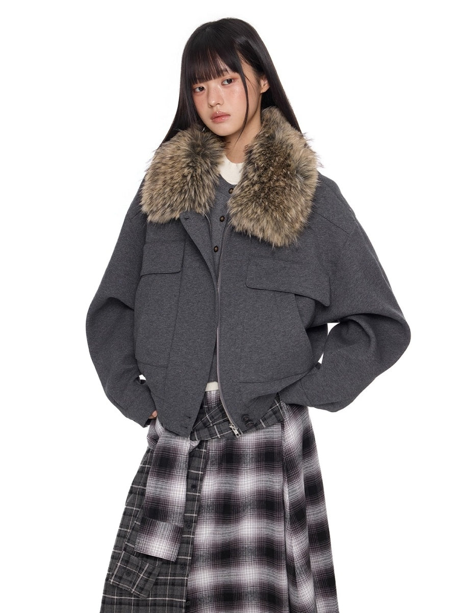 Fur Neck Pocket Cropped Jacket EZ285