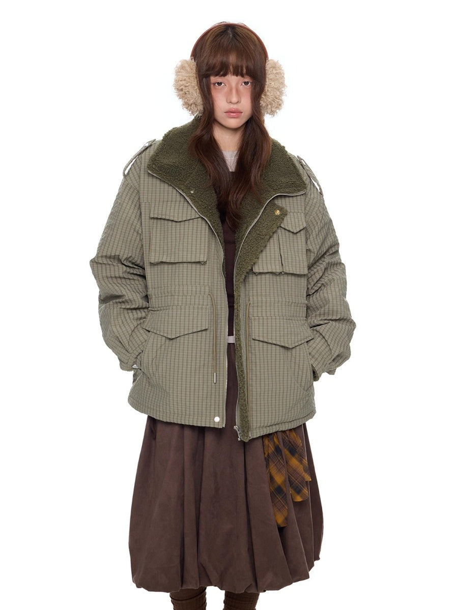 Fluffy Plaid Cargo Pocket Padded Jacket EZ284