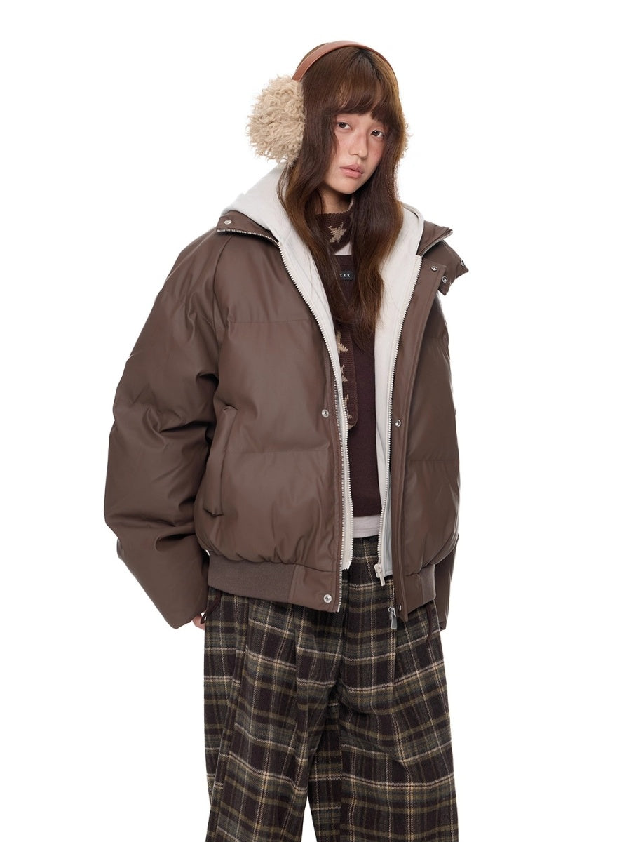 Contrast Color Hooded PU Leather Jacket EZ286