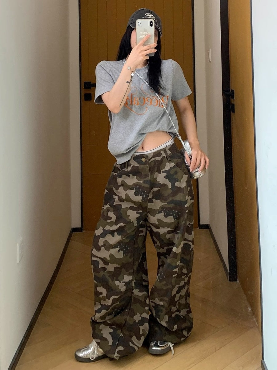 Wash Camouflage Straight Wide-leg Pants MW10154