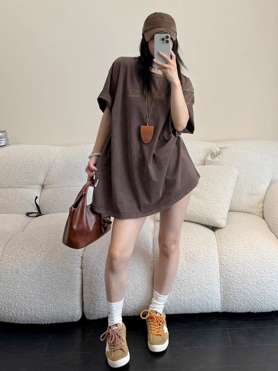 Wash Distressed Embroidery Loose T-shirt OS2013