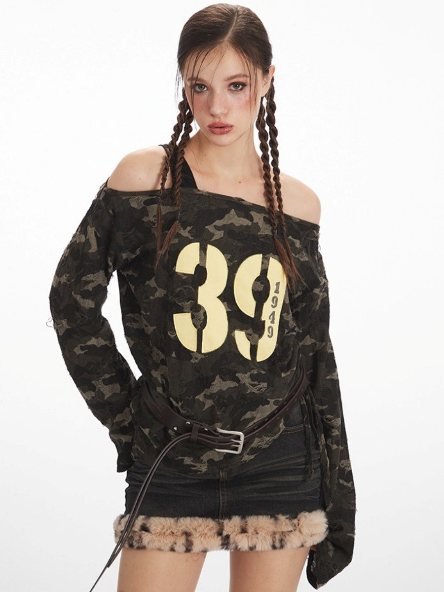 Camouflage Off-the-Shoulder Long Sleeve T-Shirt NR7005