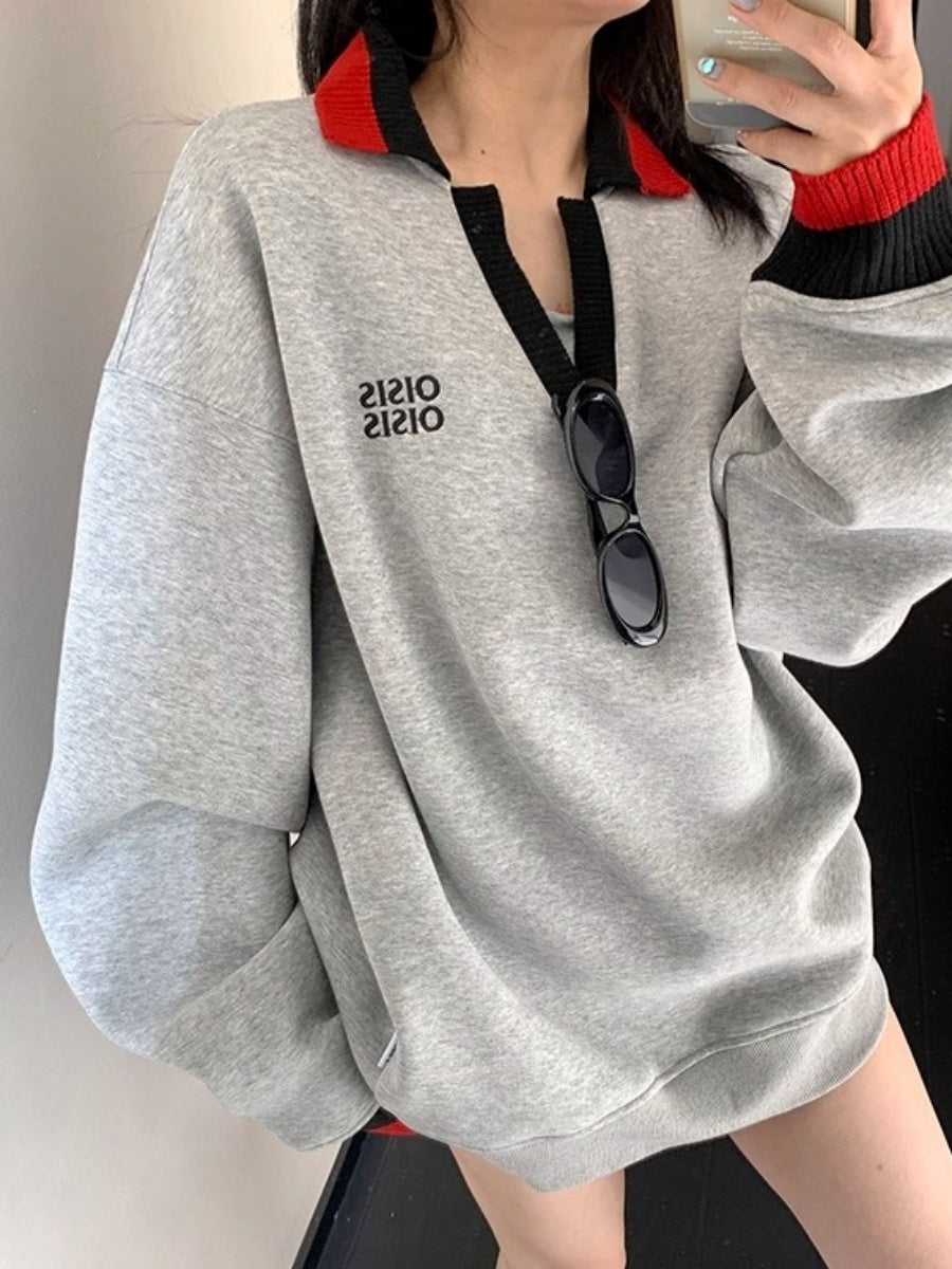Contrast Polo Collar Loose Sweat OS2045