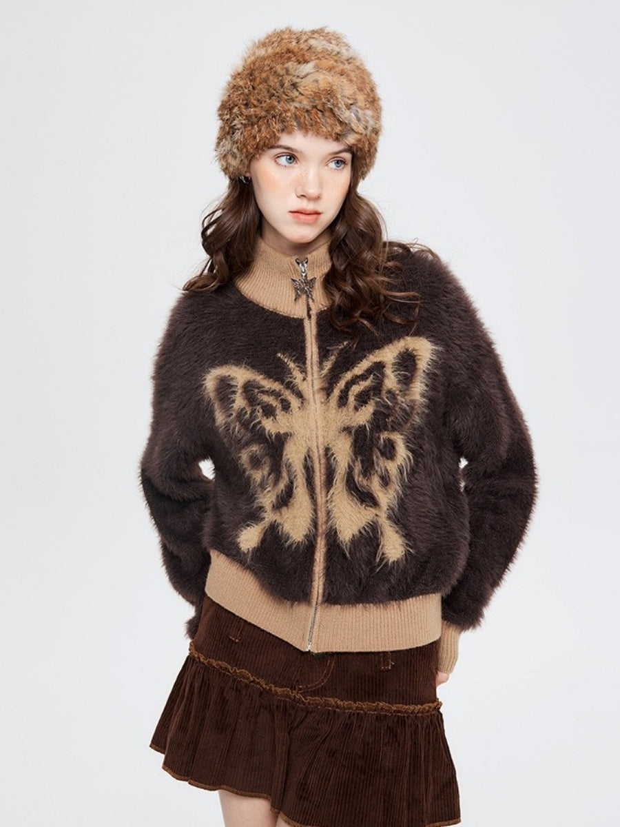 Stand Collar Butterfly Embroidered Cardigan NR7004