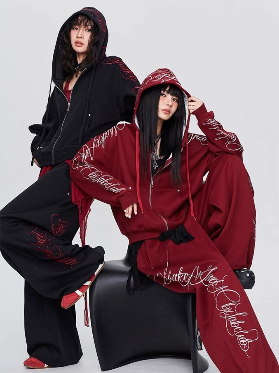 【上下別売り】Gothic Letter Embroidery Hooded Sweat Parka & Pants Set-up CB1001