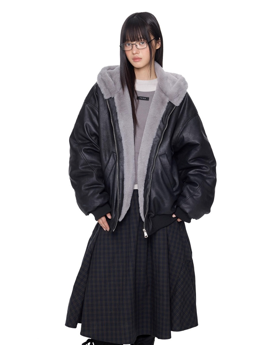 Furry Hooded PU Leather Loose Jacket EZ288