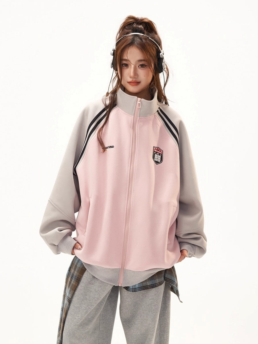 Stand-Collar Raglan Color-blocked Sweat Jacket CA7010