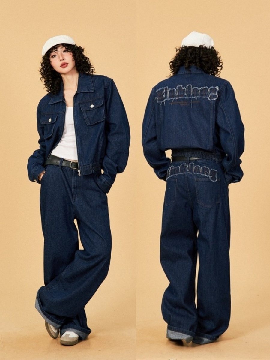 【上下別売り】Patch Embroidered Cropped Denim Jacket & Wide-leg Jeans YS026